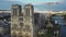 View of the reconstruction of Notre Dame Cathedral. View of the cathedral after the fire. Bird`s eye view. Aerial video filming.