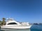 View of the Red Sea and white yachts. Egypt Hurghada. Boats, ships anchored off the coast. Port, pier. Summer and relaxation near