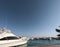 View of the Red Sea and white yachts. Egypt Hurghada. Boats, ships anchored off the coast. Port, pier. Summer and relaxation near