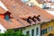 View of red tile roofs on old historical houses in Thun city, S