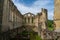 View of the refectory in the historic Rievaulx Abbey ruins in North Yorkshire