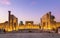 View of Registan square in Samarkand - the main square with Ulugbek madrasah, Sherdor madrasah and Tillya-Kari madrasah at sunset.