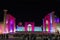 View of Registan square in Samarkand with Ulugbek madrassas, Sherdor madrassas and Tillya-Kari madrassas at night with pink backli