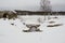 View of the remains of the fortress wall of the Staraya Ladoga fortress in Russia and the snow-covered river.