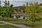 View of residential district with houses and river Bregalnica in town Delchevo among Maleshevo and Osogovo mountains, Macedonia