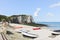 View of resort beach and cliff in Etretat town