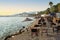 View of restaurant or cafe on beach in  Bodrum city.