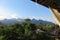 View from a restaurant on the karst hills landscape along Nam Song Xong river, Vang Vieng, Laos