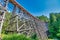 View of restored historic railroad bridge Kinsol Trestle (Koksilah River Trestle) made of wooden boards - Vancouver Island