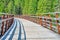 View of restored historic railroad bridge Kinsol Trestle (Koksilah River Trestle) made of wooden boards - Vancouver Island