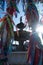 View between the ribbons of the water fountain in Largo Terreiro de Jesus in Pelourinho, historic center of the city of Salvador,