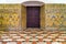 View of rich tile work at landmark Royal Alcazar building in Seville, Spain.