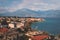 View of Rio-Antirrio cable-stayed suspension bridge through Gulf of Corinth, Charilaos Trikoupis Bridge, between Rio and Antirrio