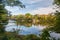 A view of the river and the bridge between the branches of trees.