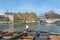 View at the river Cam, on Cambridge city Downtown, with the typical gondola boats for touristic tours