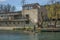 View at the river Cam, on Cambridge city Downtown, with the typical gondola boats for touristic tours