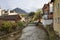 View of the river flowing through the town of Bad Aussee. Autumn alpine landscape. Bad Aussee, Austria