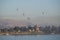 View of river nile in Egypt showing Luxor west bank with hot air balloons