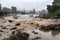 view of river, with overflowing water carrying debris and pollutants