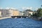 View of river Palace Bridge, St. Isaac& x27;s Cathedral, Admiralty in the summer evening. St. Petersburg