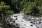 View of the river rapids at Nature Park Blausee in Switzerland lined wit trees during summer