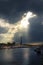 View from the river Seine of part of the Bridge of Alexander III and Eiffel Tower in Paris in the rays of the setting sun