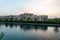 view from river side of the beautiful buildings in the old Uzbek style in Eternal City in Samarkand