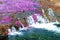 View of a river waterfall with flowing purple algae