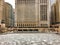View of riverwalk across a frozen and ice chunk filled Chicago River