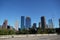 View from Road Downtown Houston in Sunset afternoon skyscrapers. Landscape Photo