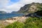 View of the road and the mobile homes on the fjord coast Lofoten islands, Norway