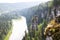 View of rock Devils finger of Usvinsky Pillars, Ural mountains and river Usva, Perm Krai, Russia