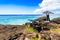 View of the rocks on the background of the sea landscape, Cook Islands, South Pacific. Copy space for text