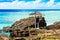 View of the rocks on the background of the sea landscape, Cook Islands, South Pacific. Copy space for text