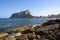 View from the rocks of the coastline with the urban beach of Calpe and the crag in the background, Alicante, Spainbeach, coast,