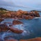 View of the rocky beach on the Pink Granite Coast in northern Brittany, France