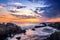 View of a rocky Cape Town city coastline at sunset, Cape Town