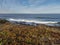 View of the rocky sea shore with the red and green leaves of Carpobrotus edulis, ground-creeping succulent plant near