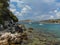 View of the rocky shore of Three island beach