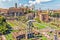 View on the Roman Forum: the Temple of Castor and Pollux, the Arch of Septimius Severus, the Temple of Saturn, the Temple of Vespa