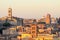 View of Rome roofs: Palazzo Senatorio`s Tower, San Giorgio in Velabro Basilica`s Towerbell, San Luca and Martina`s Church Dome