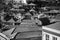 View of roofs of the residental houses in old town Porto, Portugal. Black and white photo.