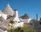 View of roofs of traditional trulli houses in the Aia Piccola residential area of Alberobello in the Itria Valley, Puglia Italy