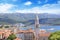 View of the rooftops and the bay of Budva in Montenegro in the summer sunny day