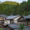 A view of rooftops over a quiet japanese village in the spring