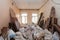 View room of the apartment and retro chandelier during under renovation, remodeling and construction.