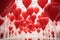 View of a room overflowing with countless red balloons shaped like hearts, Sharp geometry contrasting the soft heart balloons