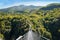 View on rope Tibetan steel bridge in mountain