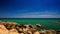 View Round Rock Stony Beach Azure Sea Skyline