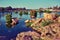 View of Royal cenotaphs of Orchha over Betwa river.